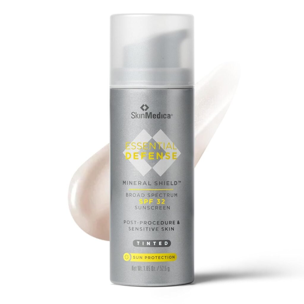 SkinMedica Essential Defense Mineral Shield SPF 35 tinted sunscreen pump bottle, silver metallic packaging, designed for post-procedure and sensitive skin protection