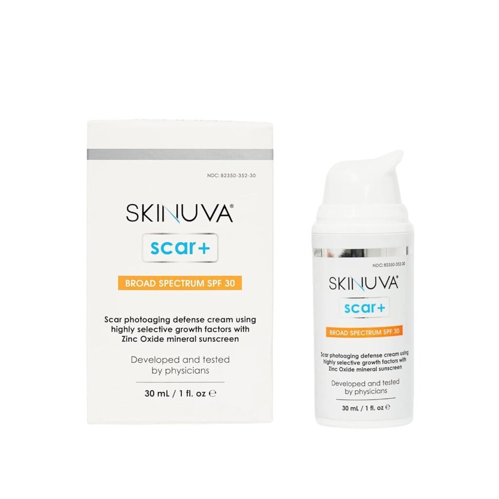 Skinuva Scar+ broad spectrum SPF 30 photoaging defense cream with zinc oxide mineral sunscreen developed by physicians for scar protection