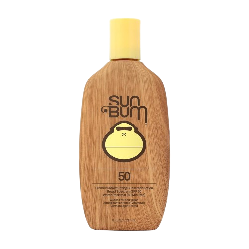 Sun Bum SPF 50 sunscreen in a wood-grain patterned bottle with yellow cap and monkey logo. This premium moisturizing sunscreen offers broad spectrum UVA/UVB protection in a water-resistant formula, ideal for runners seeking effective sun protection with natural aesthetics.