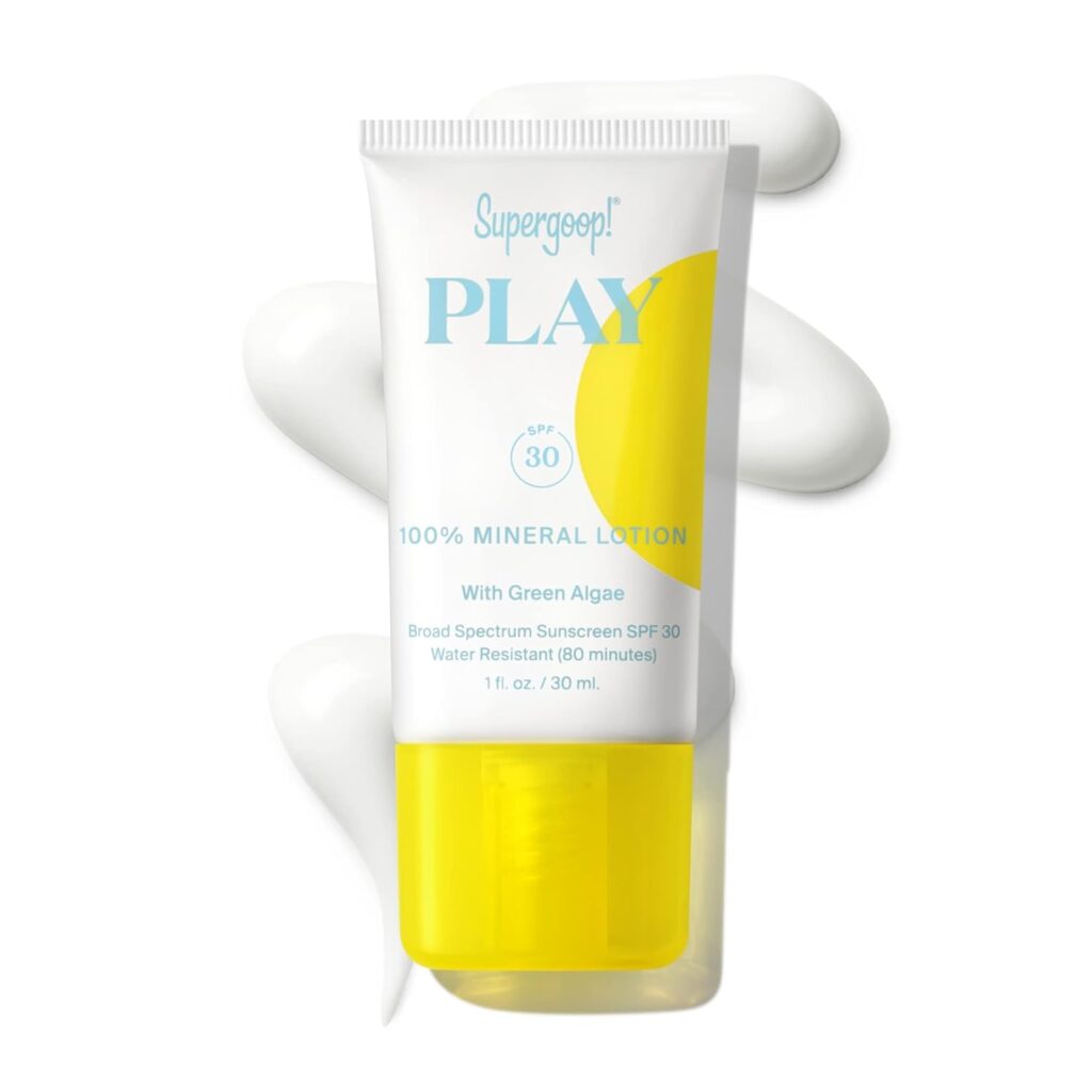 Supergoop! PLAY 100% mineral lotion SPF 30 sunscreen with green algae in white tube with yellow bottom section and blue text, water resistant for 80 minutes, 1 fl. oz./30 ml.