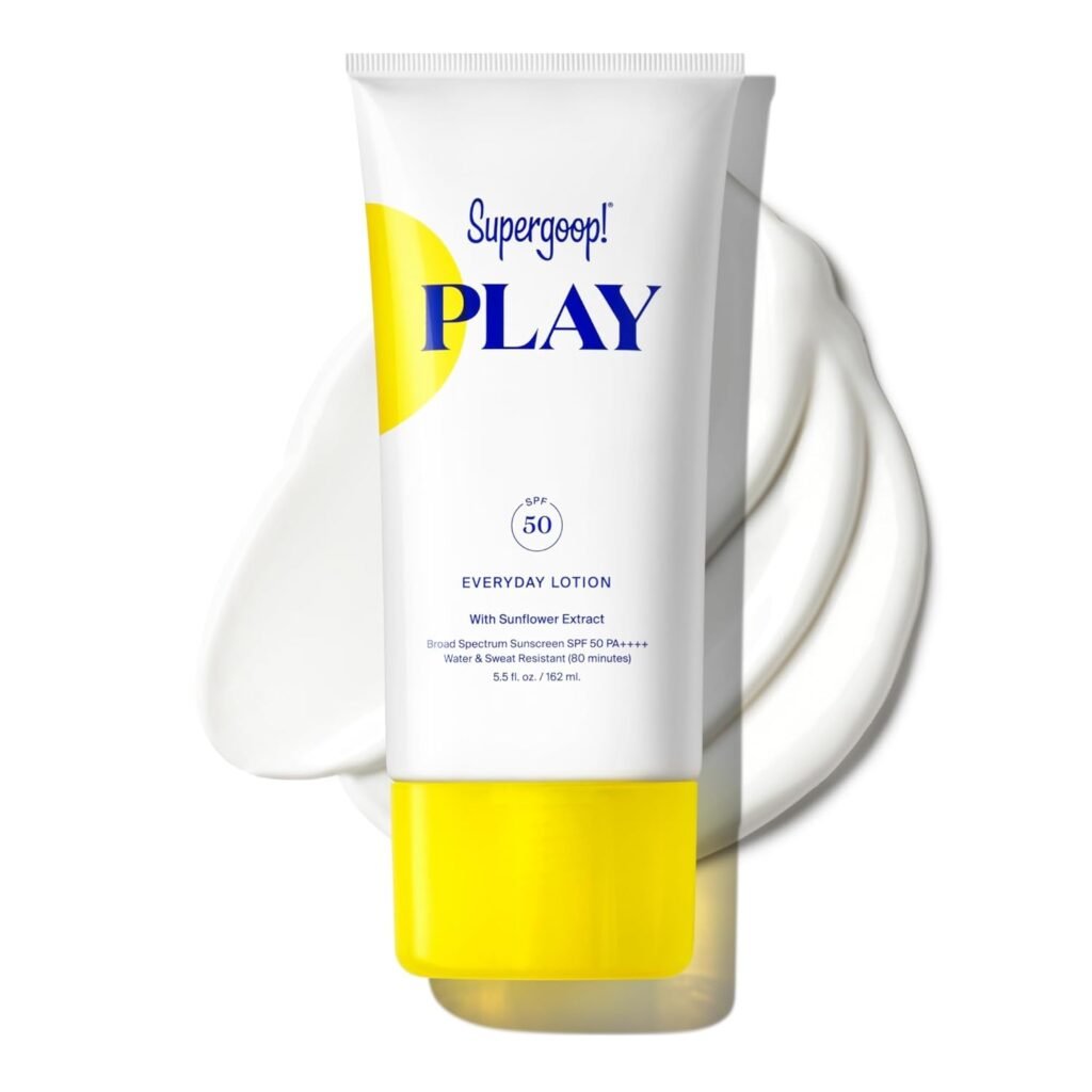 Supergoop! PLAY Everyday Lotion SPF 50 best sunscreen for golfers in white tube with yellow accent, containing sunflower extract and offering broad spectrum water and sweat resistant protection