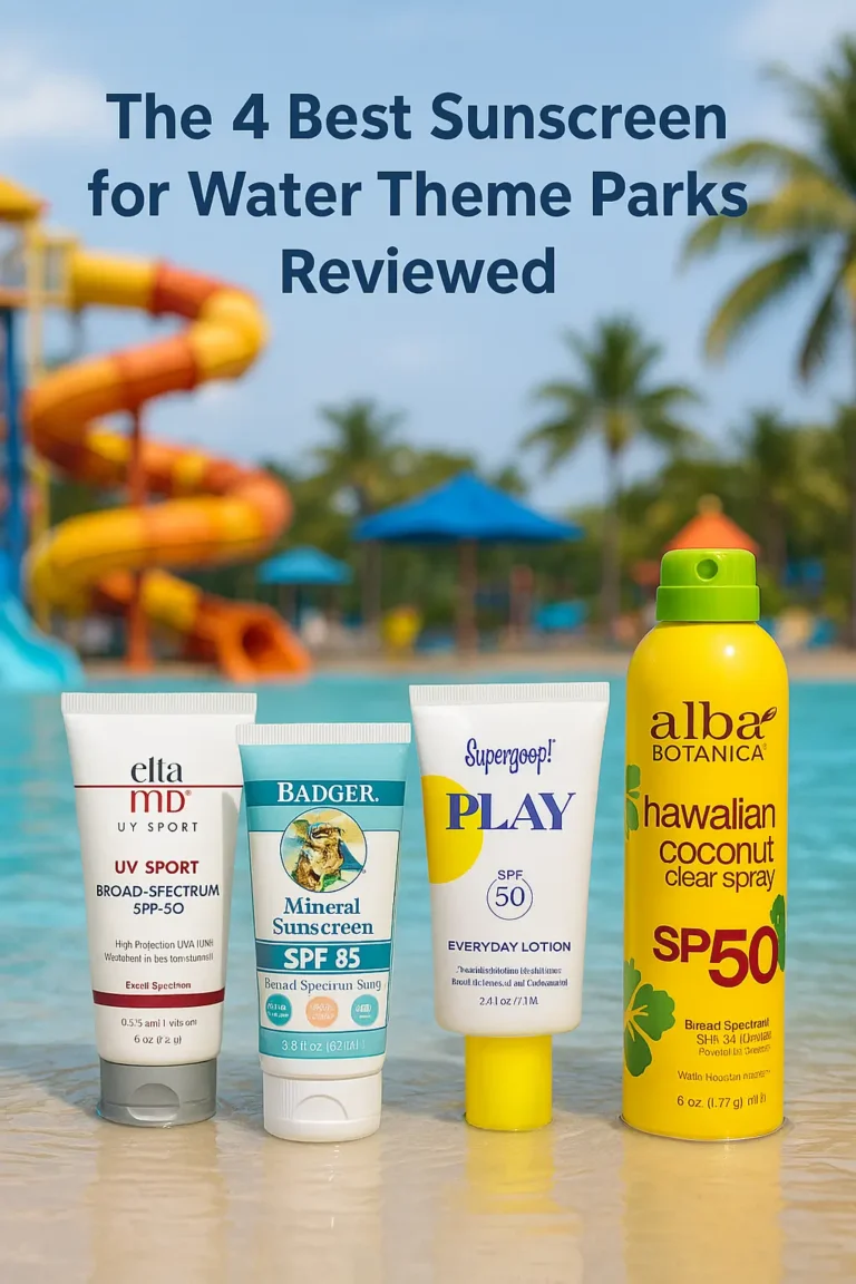 The best sunscreen for water theme parks displayed poolside: EltaMD UV Sport SPF 50 tube, Badger Mineral Sunscreen SPF 35, Supergoop! PLAY Everyday Lotion SPF 50, and Alba Botanica Hawaiian Coconut Clear Spray SPF 50, with colorful water slides and palm trees in background