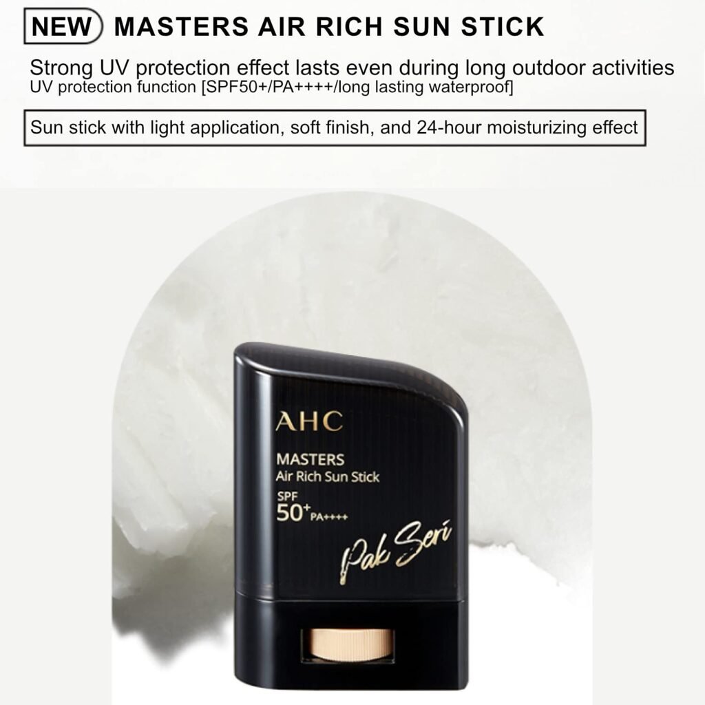 AHC Sunscreen Masters Air Rich Sun Stick with SPF50+ and key features highlighted