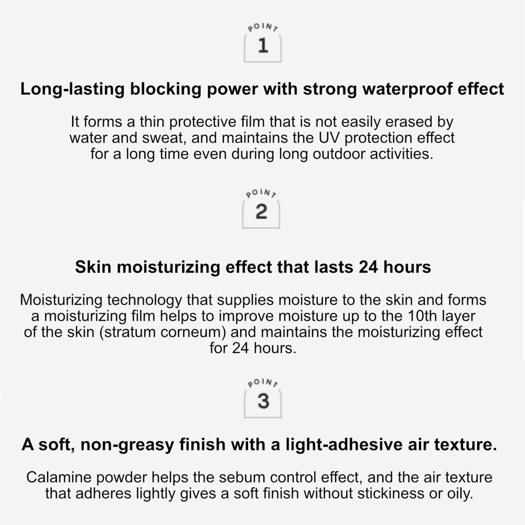 AHC Sunscreen's three key benefits: waterproof UV protection, 24-hour moisturizing, and non-greasy finish