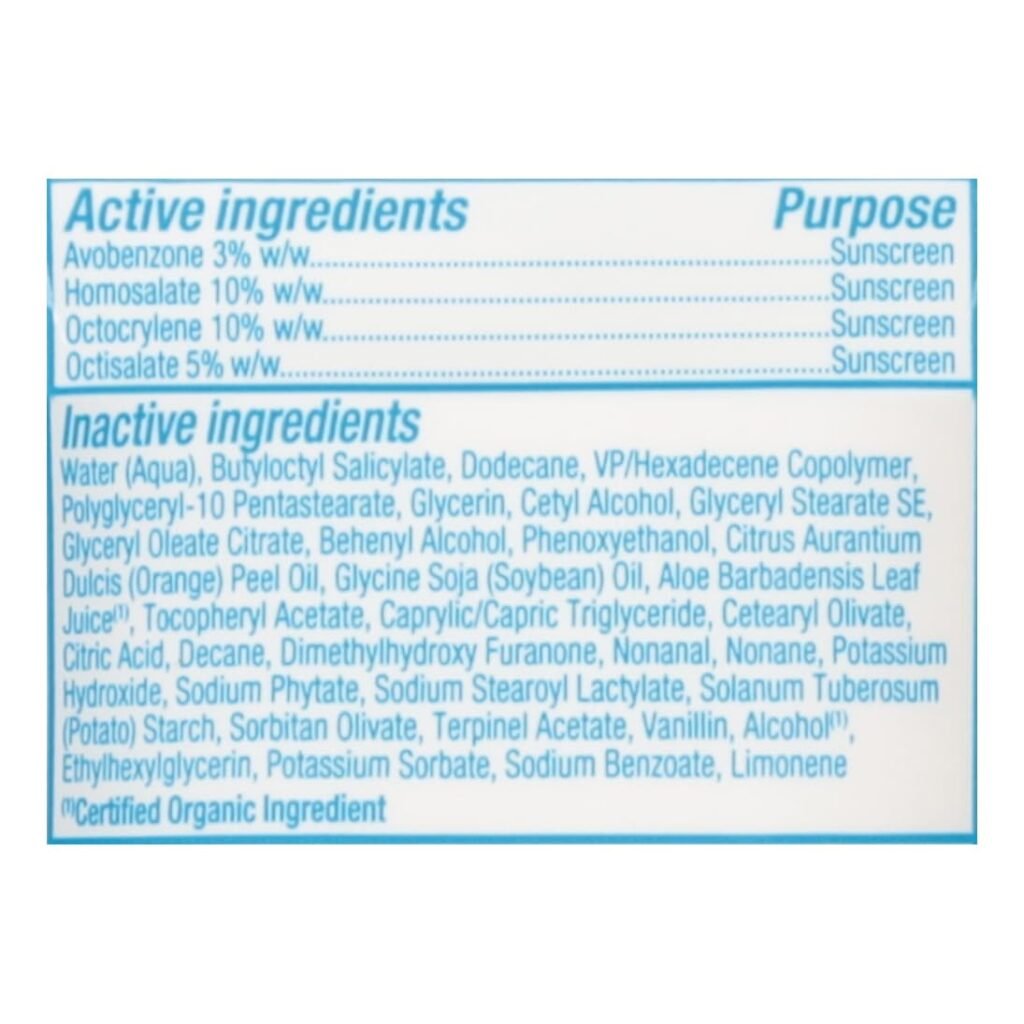 Alba Botanica Sport Sunscreen Island Vibe SPF 50 3 fl.oz ingredients list showing active and inactive ingredients