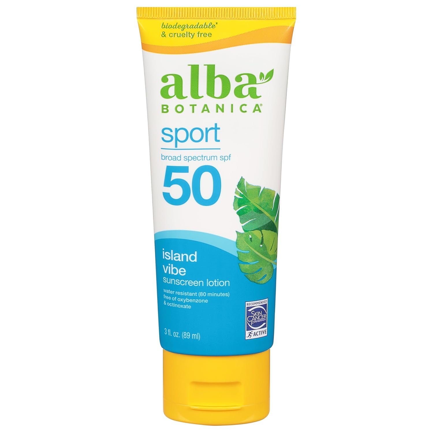 Alba Botanica Sport Sunscreen Island Vibe SPF 50 3 fl.oz tube showing biodegradable and water-resistant formula