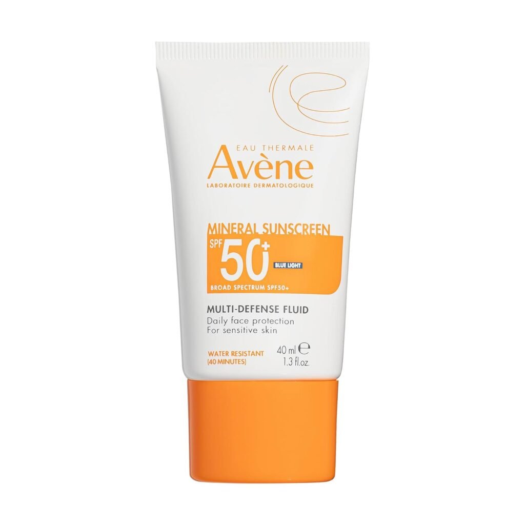 Avène Mineral Sunscreen SPF 50+ Multi-Defense Fluid tube, white packaging with orange accents, 40ml size, designed for daily face protection on sensitive skin with water resistance