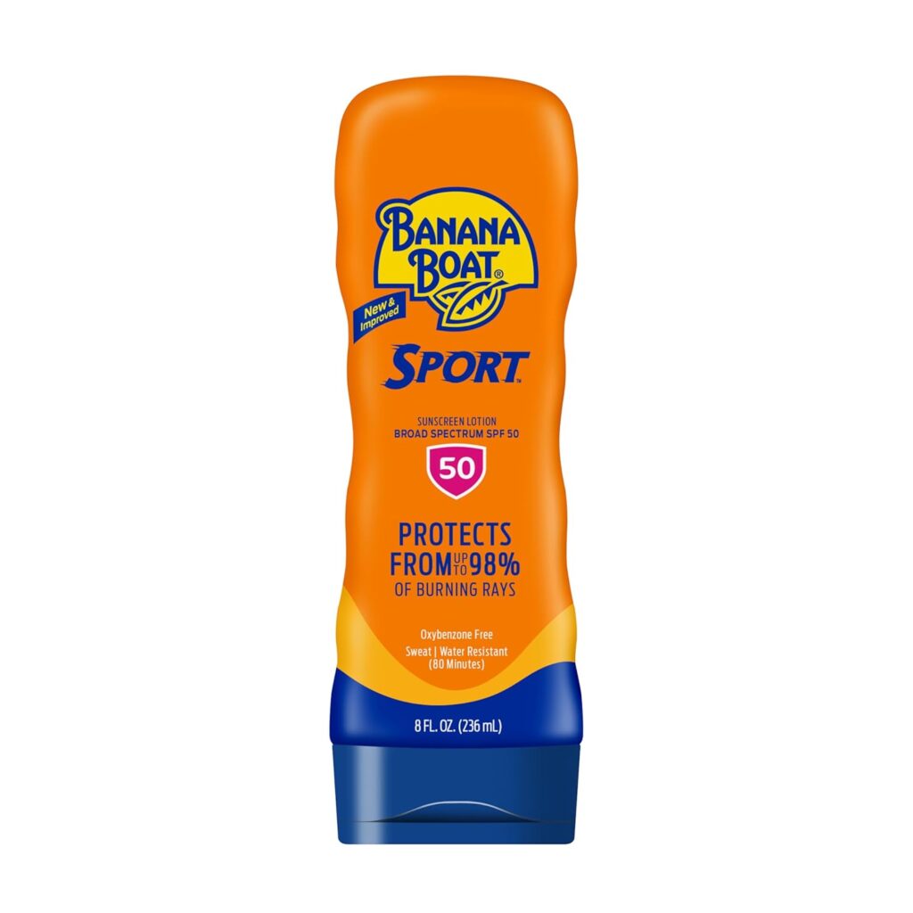 Banana Boat Sport sunscreen lotion bottle in orange and blue packaging, SPF 50 broad spectrum protection, labeled as oxybenzone-free and water/sweat resistant for 80 minutes, 8 fl oz size