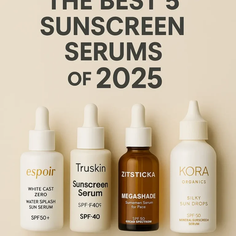 ollection of the top 5 sunscreen serums for 2025 featuring Espoir White Cast Zero SPF50+, Truskin Sunscreen Serum SPF40, Zitsticka Megashade SPF50, and Kora Organics Silky Sun Drops SPF50 arranged on beige background