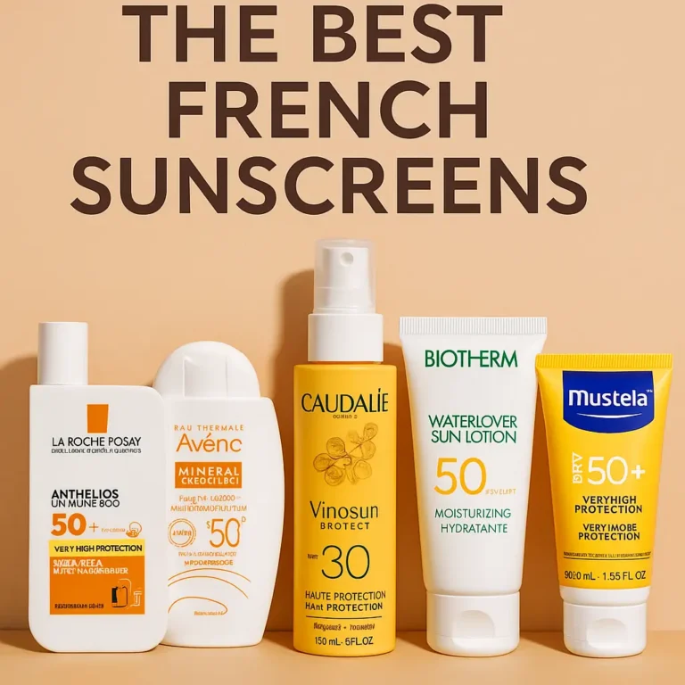 Best French sunscreen products including La Roche Posay Anthelios SPF50+, Avene Mineral SPF50+, Caudalie Vinosun SPF30, Biotherm Waterlover SPF50, and Mustela SPF50+ displayed on neutral beige background