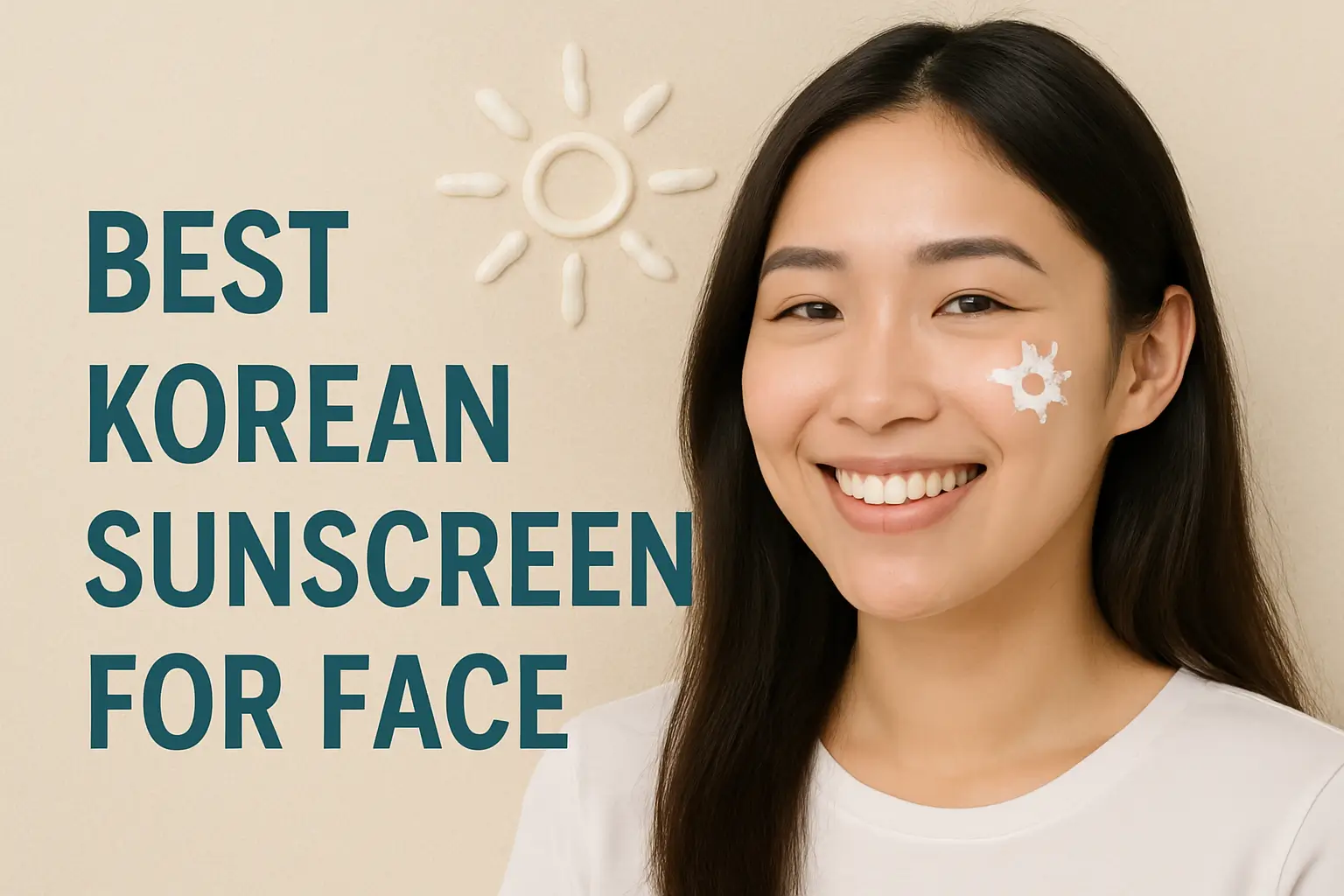 Smiling woman with Korean sunscreen application demonstrating the best Korean sunscreen for face with sun symbol and product texture
