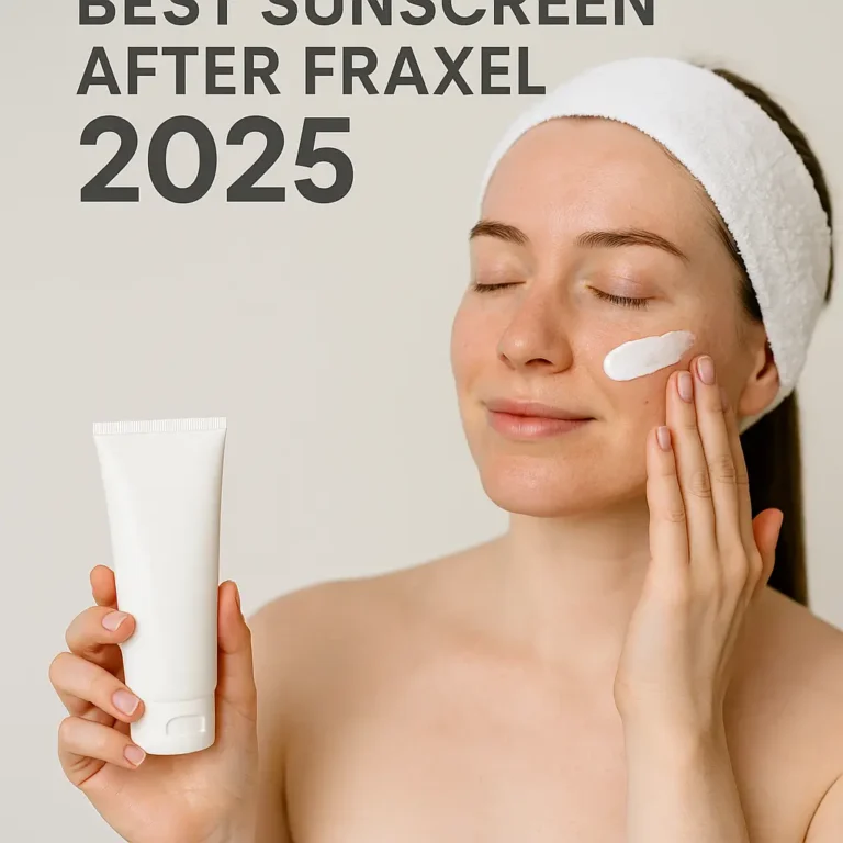 Woman with white headband applying sunscreen to her face from a white tube, demonstrating post-Fraxel laser treatment skincare routine with text "Best Sunscreen After Fraxel 2025"RéessayerClaude peut faire des erreurs. Assurez-vous de vérifier ses réponses.