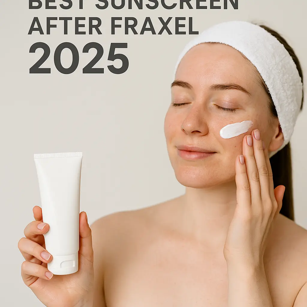 Woman with white headband applying sunscreen to her face from a white tube, demonstrating post-Fraxel laser treatment skincare routine with text "Best Sunscreen After Fraxel 2025"RéessayerClaude peut faire des erreurs. Assurez-vous de vérifier ses réponses.