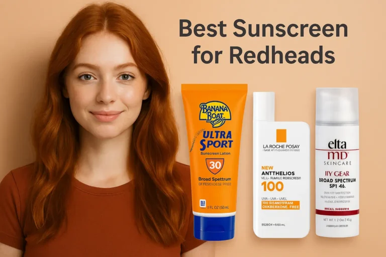 A young woman with long red hair wearing a rust-colored top smiles at the camera against a peach background. Next to her are three sunscreen products with text reading "Best Sunscreen for Redheads" - Banana Boat Ultra Sport SPF 30, La Roche-Posay Anthelios SPF 100, and EltaMD UV Clear SPF 46.