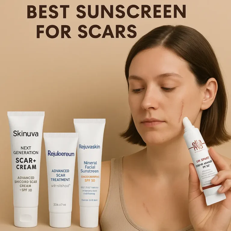 Best sunscreen for scars featuring Skinuva scar cream SPF 10, Rejuloereum advanced scar treatment, Rejuvaskin mineral facial sunscreen SPF 50, and Ella+Mia sun protection cream held by woman with clear skin