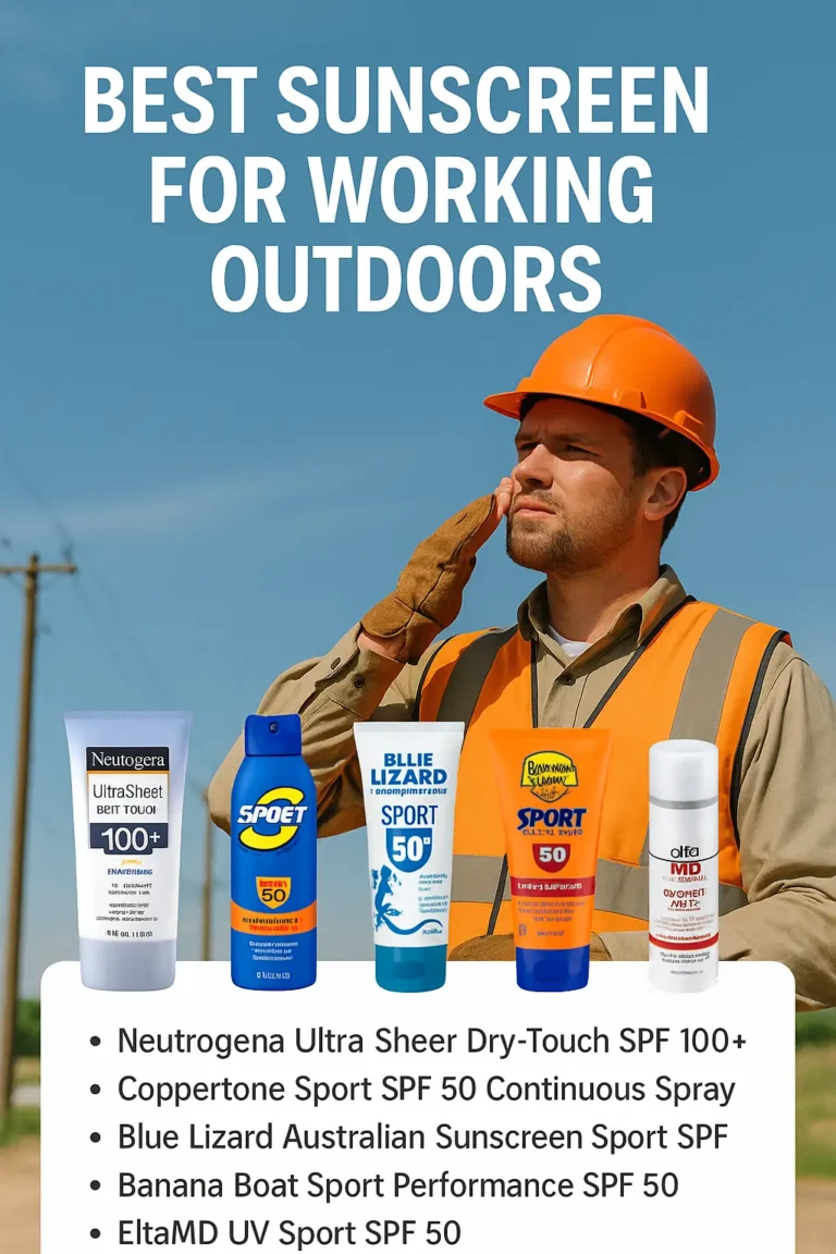 Construction worker in orange hard hat and safety vest shielding eyes from sun with five recommended sunscreen products displayed below: Neutrogena Ultra Sheer SPF 100+, Coppertone Sport SPF 50 spray, Blue Lizard Sport SPF 50+, Banana Boat Sport SPF 50, and EltaMD UV Sport SPF 50 for outdoor work protection