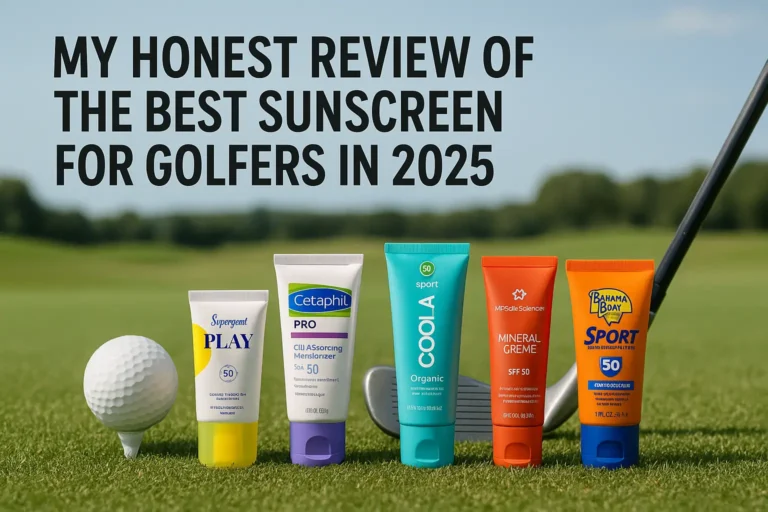 best sunscreen for golfers 2025 review featuring five top-rated sunscreen tubes on golf course grass with golf ball and club - Supergent Play SPF 50, Cetaphil PRO, Coola Sport SPF 50, MDSolarSciences Mineral Creme SPF 50, and Banana Boat Sport SPF 50