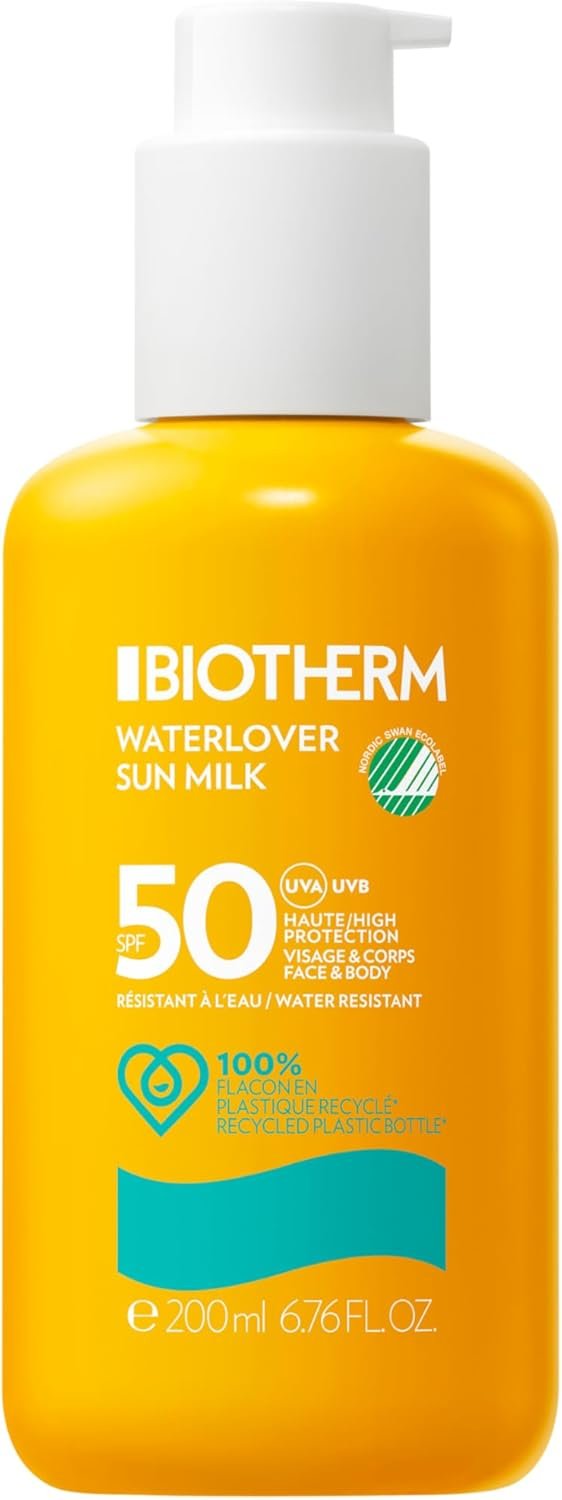 Biotherm Waterlover Sun Milk SPF 50 in bright orange pump bottle with eco-friendly certification, water resistant formula for face and body, 200ml