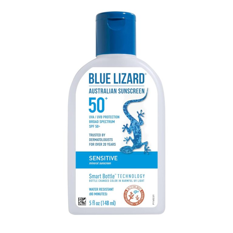 Blue Lizard sunscreen review highlights the Sensitive SPF 50+ formula with Smart Bottle Technology that changes color in harmful UV light