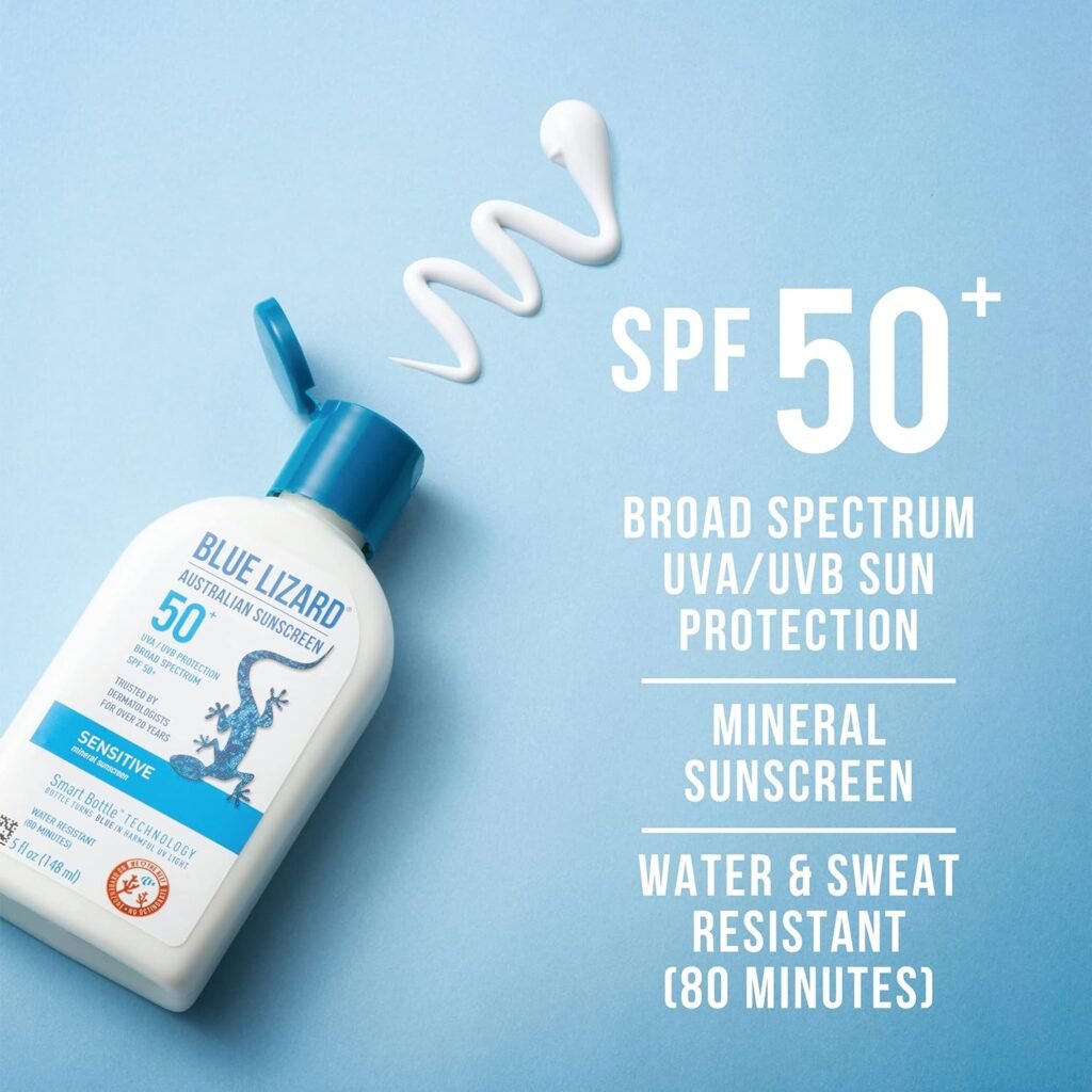 Blue Lizard sunscreen review of SPF 50+ sensitive formula showing broad spectrum UVA/UVB protection and 80-minute water resistance
