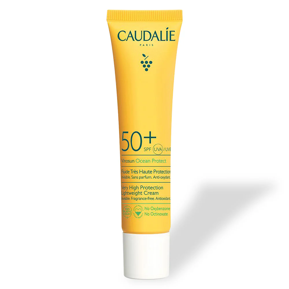Caudalie Vinosun SPF 50+ lightweight face cream with antioxidants in a bright yellow tube, fragrance-free and environmentally friendly formula