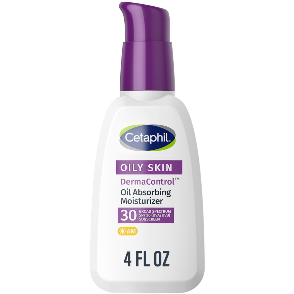 Cetaphil Oily Skin DermaControl Oil Absorbing Moisturizer with SPF 30 broad spectrum sunscreen in 4 FL OZ pump bottle for golf face protection