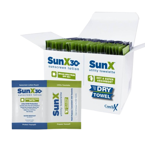 CoreTex SunX 30+ Broad Spectrum Sunscreen Wipes with dry utility towelettes for active outdoor protection