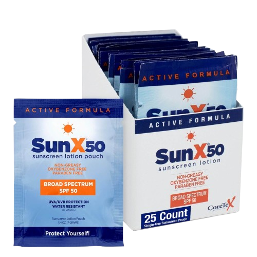 CoreTex SunX 50 SPF Broad Spectrum Sunscreen Wipes packets - waterproof protection in convenient individual wipes