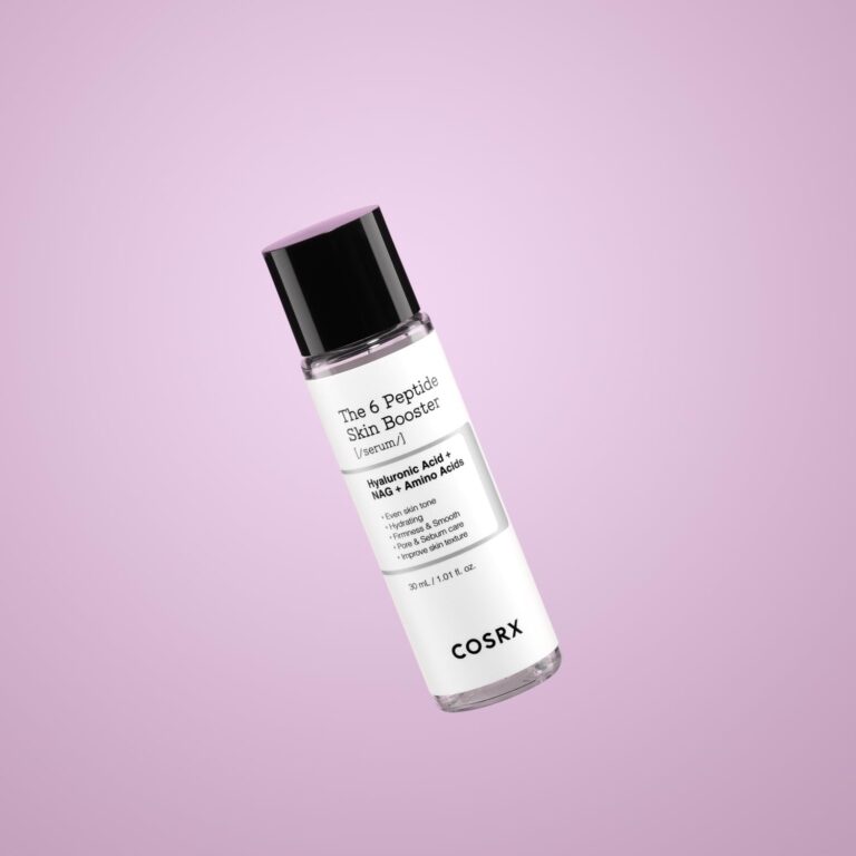 COSRX 6 Peptide Skin Booster on pink background showing minimalist Korean skincare design