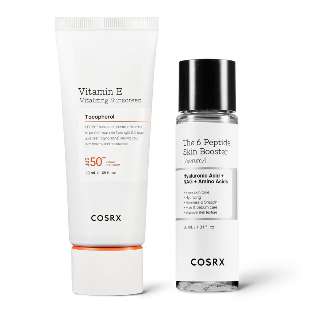 "COSRX Sunscreen Review: Vitamin E Vitalizing SPF50+ and 6 Peptide Skin Booster skincare duo
