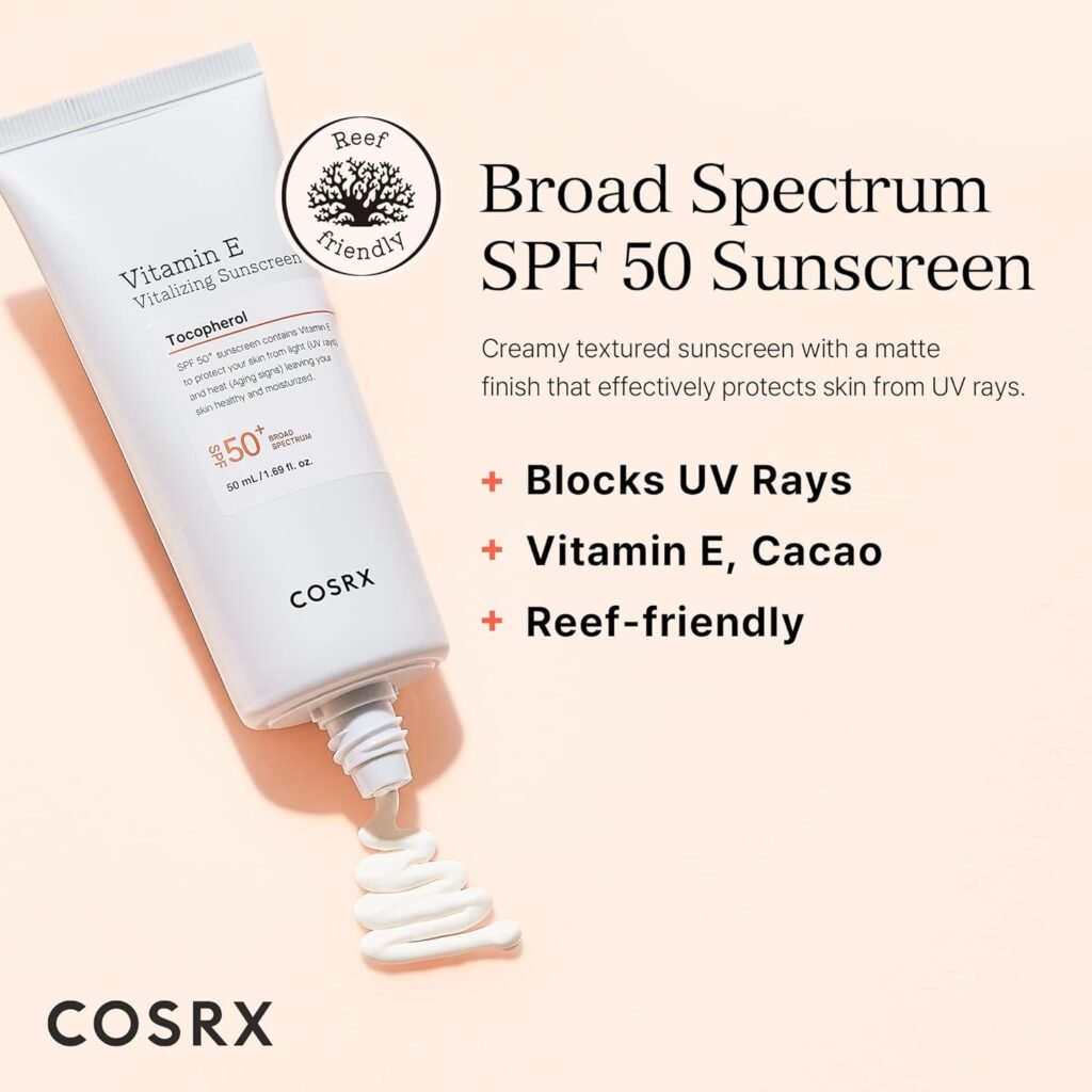 COSRX Vitamin E Vitalizing Sunscreen SPF50+ with reef-friendly formula and matte finish