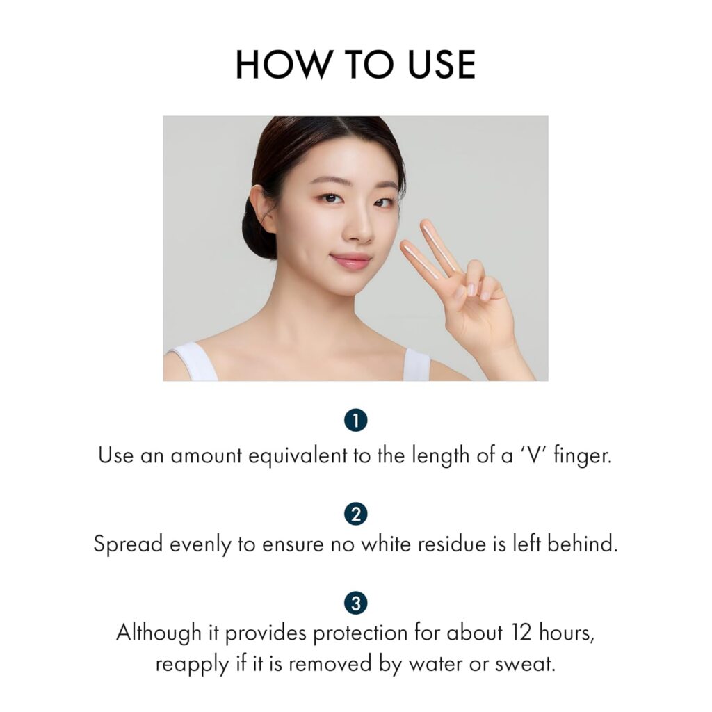 How to apply Dr. Ceuracle Sunscreen with V-sign finger measurement, even spreading technique, and 12-hour protection information