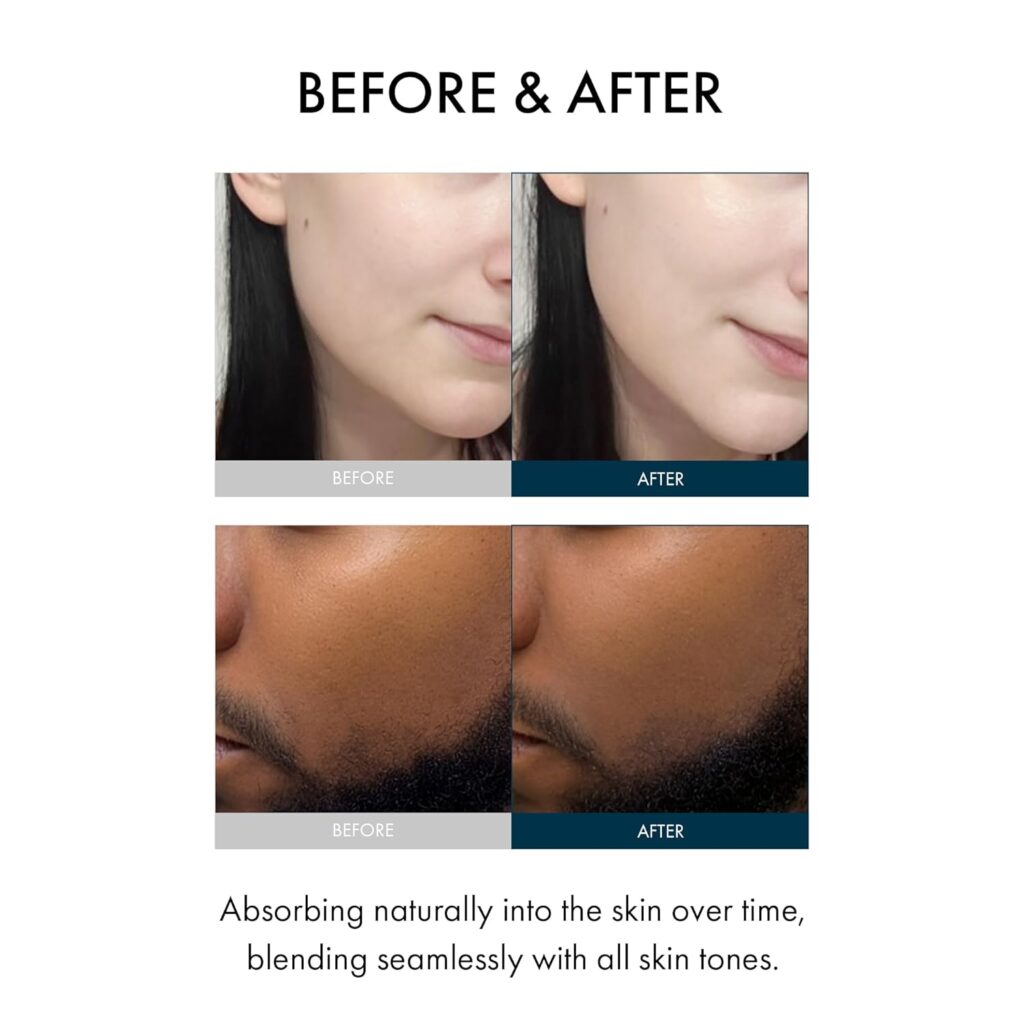 Before and after comparison showing Dr. Ceuracle Sunscreen absorbing naturally into different skin tones with no white cast