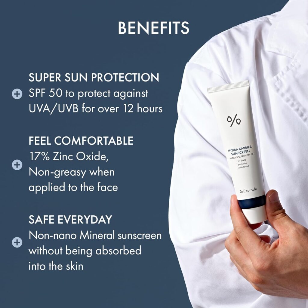 Dr. Ceuracle Sunscreen benefits: SPF 50 protection, 17% Zinc Oxide formula, non-greasy feel, and non-nano mineral safety