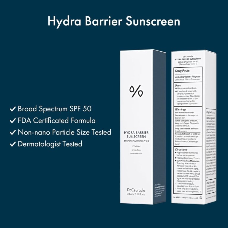 "Dr. Ceuracle Hydra Barrier Sunscreen packaging showing broad spectrum SPF 50, FDA certification, and dermatologist-tested formula