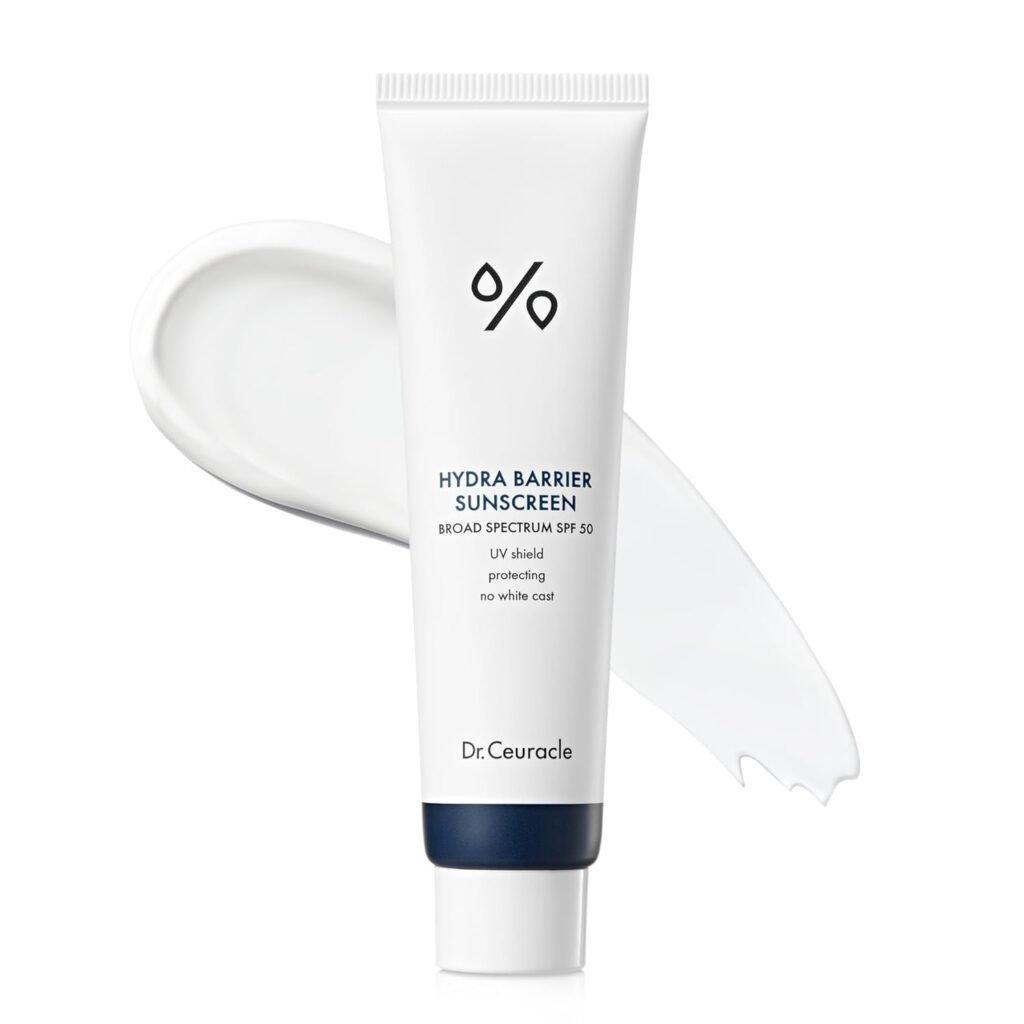 Dr. Ceuracle Hydra Barrier Sunscreen tube with product texture swatch showing the no-white-cast formula