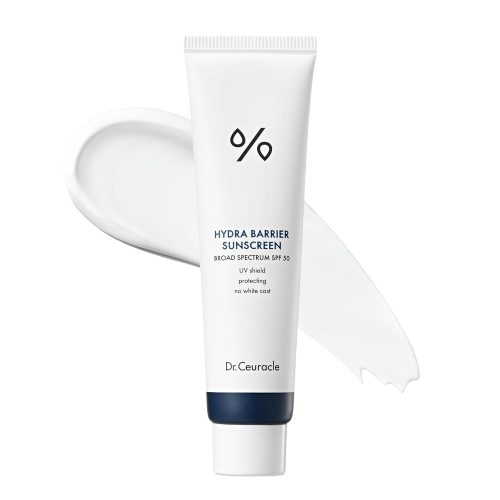 Dr. Ceuracle Hydra Barrier Sunscreen tube with product texture swatch showing the no-white-cast formula
