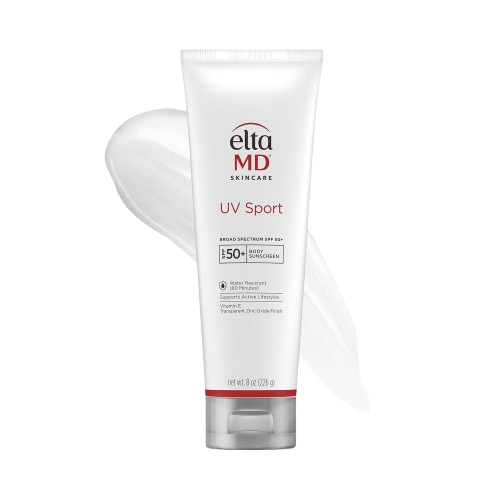 Elta MD UV Sport SPF 50+ broad-spectrum sunscreen in a white tube with sample swatch. Water-resistant and designed specifically for active use, this dermatologist-recommended formula ranks among the best sunscreens for runners seeking premium skin protection.