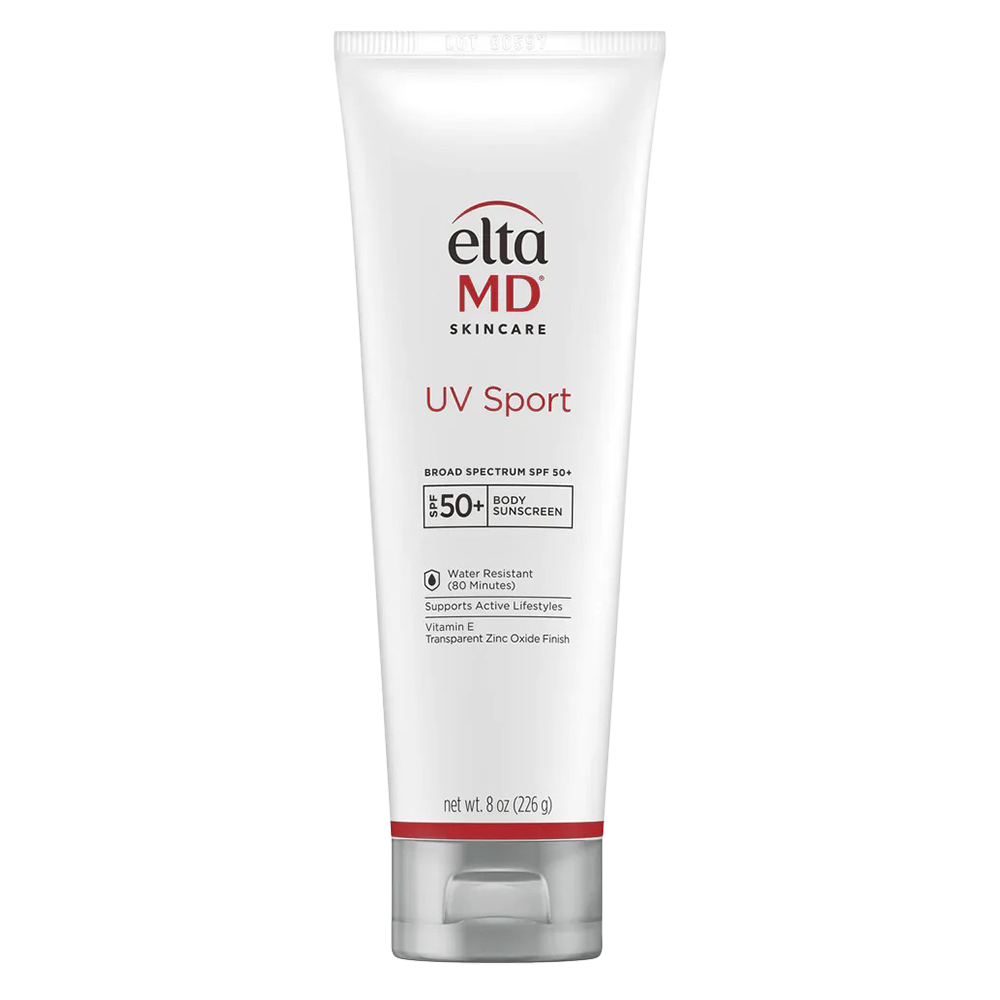 Elta MD UV Sport SPF 50+ broad-spectrum sunscreen in a white tube with sample swatch. Water-resistant and designed specifically for active use, this dermatologist-recommended formula ranks among the best sunscreens for runners seeking premium skin protection.