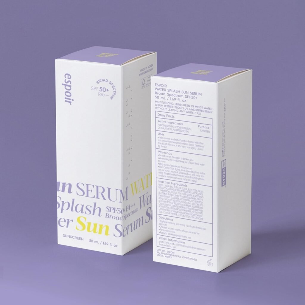 Espoir Water Splash Sun Serum SPF50+ packaging boxes showing front and back with ingredient information on purple background