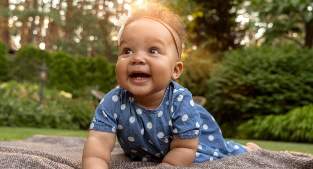 Smiling baby with light curly hair wearing a blue polka dot outfit lying on a blanket outdoors surrounded by greenery in a garden setting.