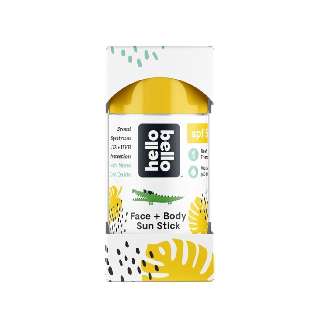Hello Bello Face + Body Sun Stick SPF 50 packaging showing reef-friendly and water-resistant mineral sunscreen with non-nano zinc oxide
