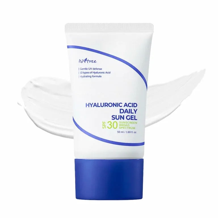 Isntree sunscreen review: Hyaluronic Acid Daily Sun Gel SPF 30 tube with white cream texture showing the lightweight formula consistency
