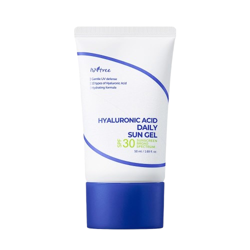 Isntree sunscreen review: Hyaluronic Acid Daily Sun Gel SPF 30 tube with white cream texture showing the lightweight formula consistency