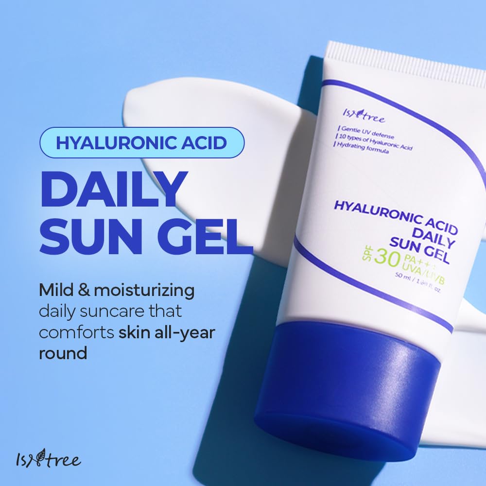 Isntree sunscreen review highlighting the Hyaluronic Acid Daily Sun Gel's moisturizing benefits for year-round skin comfort against blue background