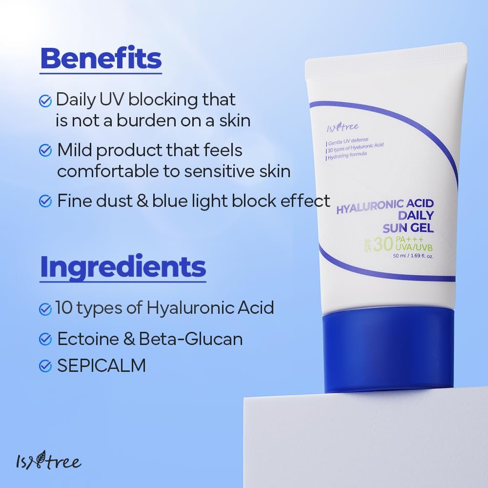 Isntree sunscreen review detailing key benefits and ingredients including 10 types of Hyaluronic Acid, Ectoine, Beta-Glucan and SEPICALM for gentle UV protection