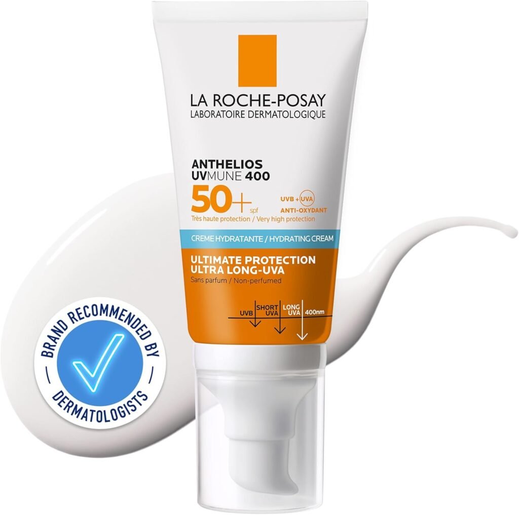 La Roche-Posay Anthelios UVMune 400 SPF 50+ hydrating cream with ultimate protection against ultra long UVA rays, featuring a dermatologist recommended seal