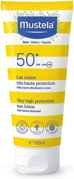 Mustela SPF 50+ very high protection water resistant sun lotion for babies and children in a yellow and white tube, 100ml size