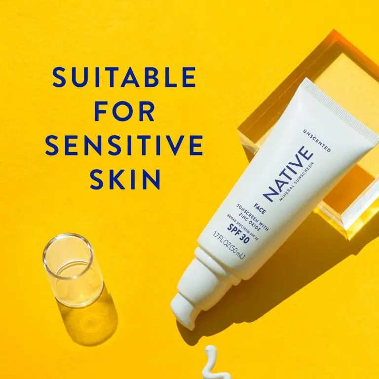 Native Mineral Sunscreen Face SPF 30 tube against bright yellow background with "Suitable for Sensitive Skin
