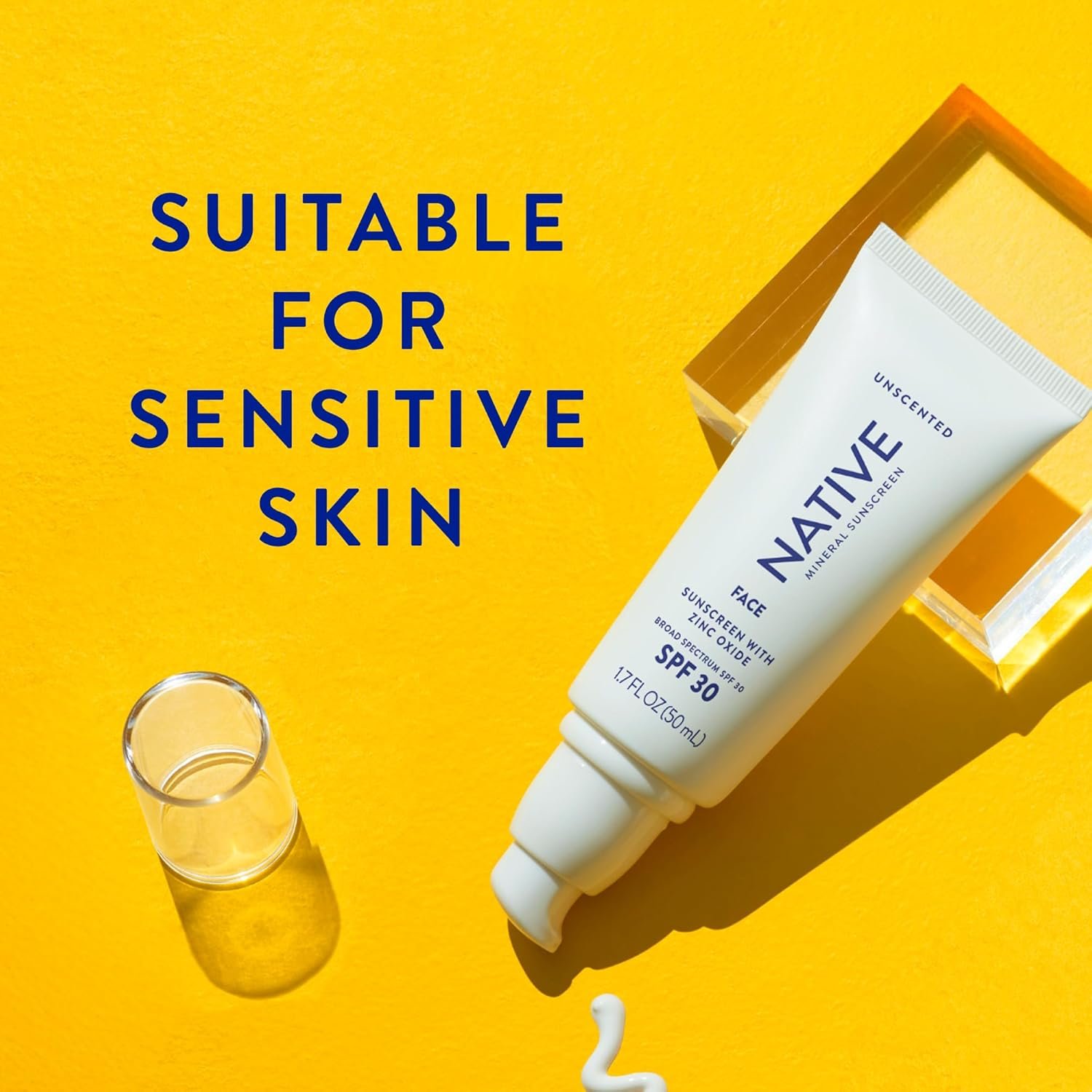 Native Mineral Sunscreen Face SPF 30 tube against bright yellow background with "Suitable for Sensitive Skin